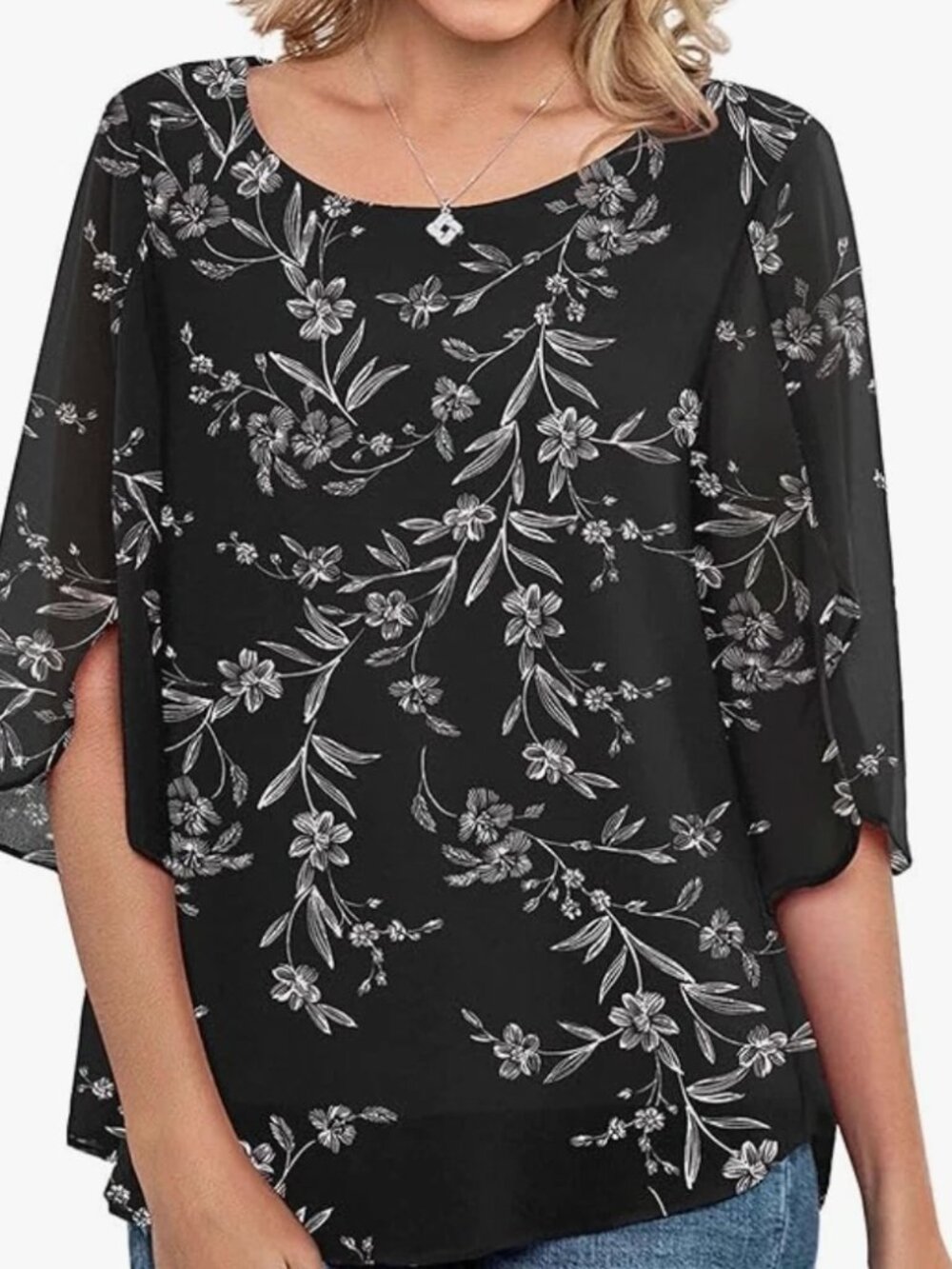 NEW NEINEIWU Women's Chiffon Black & Gray Dressy Lined Top Blouse size M NWT